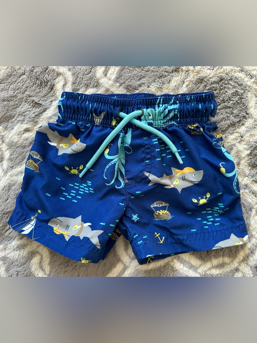 Boys' Blue Pirate Shark Print Swim Shorts with Drawstring Size 6 Months